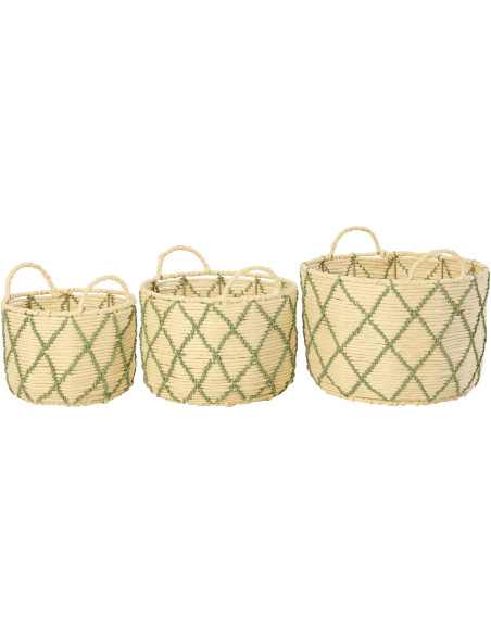 Lot de 3 Paniers de rangement ethnique chic Papier Naturel Vert Tressé Métal Lianéa 