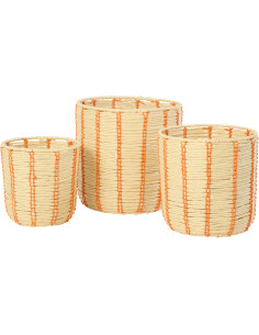 Lot de 3 Paniers de rangement ethnique chic Papier Naturel Orange Tressé Métal Noryado 