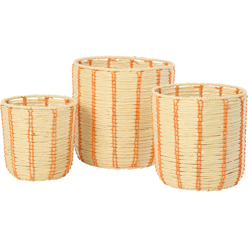 Lot de 3 Paniers de rangement ethnique chic Papier Naturel Orange Tressé Métal Noryado 