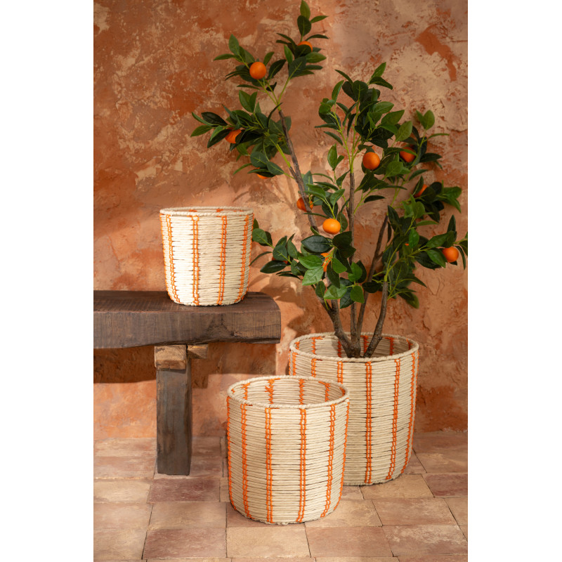 Lot de 3 Paniers de rangement ethnique chic Papier Naturel Orange Tressé Métal Noryado 