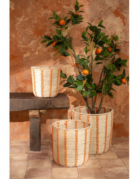 Lot de 3 Paniers de rangement ethnique chic Papier Naturel Orange Tressé Métal Noryado 