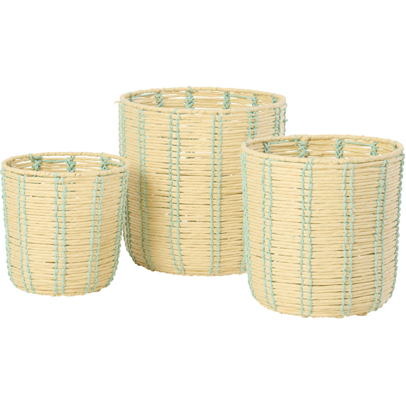 Lot de 3 Paniers de rangement ethnique chic Papier Naturel Bleu azur Tressé Métal Noryado 