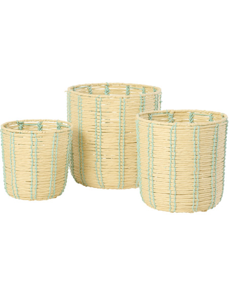 Lot de 3 Paniers de rangement ethnique chic Papier Naturel Bleu azur Tressé Métal Noryado 