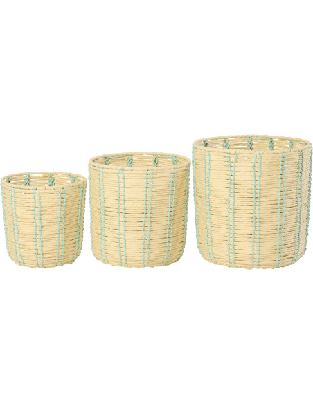 Lot de 3 Paniers de rangement ethnique chic Papier Naturel Bleu azur Tressé Métal Noryado 