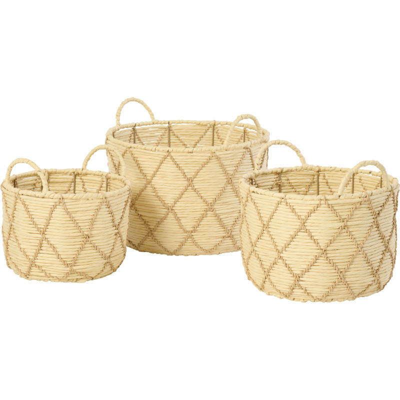 Lot de 3 Paniers de rangement ethnique chic Papier Naturel Beige Tressé Métal Lianéa 