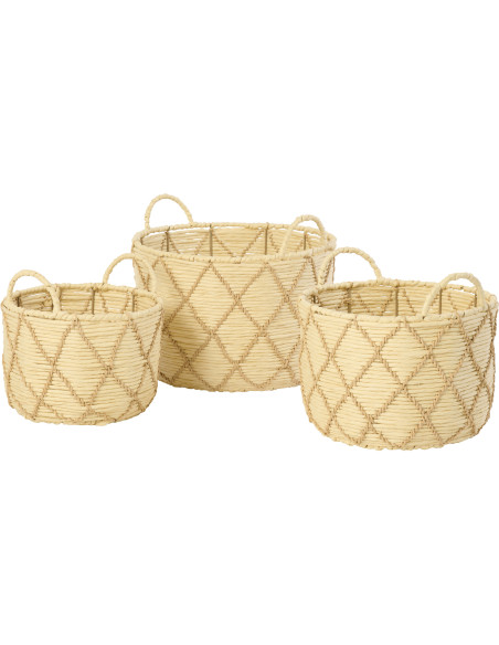 Lot de 3 Paniers de rangement ethnique chic Papier Naturel Beige Tressé Métal Lianéa 
