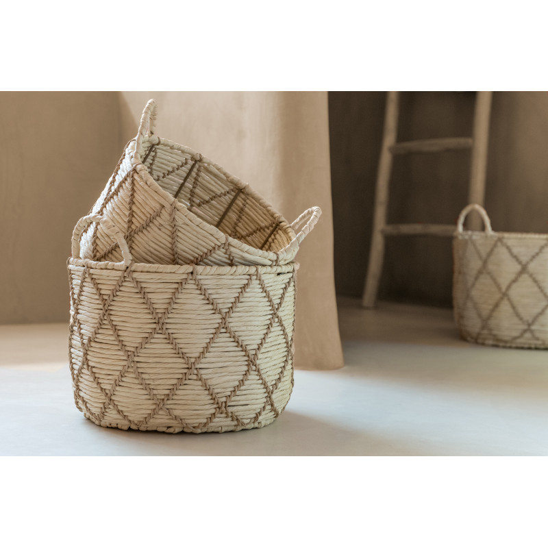 Lot de 3 Paniers de rangement ethnique chic Papier Naturel Beige Tressé Métal Lianéa 