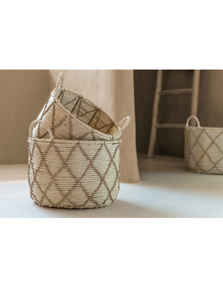 Lot de 3 Paniers de rangement ethnique chic Papier Naturel Beige Tressé Métal Lianéa 