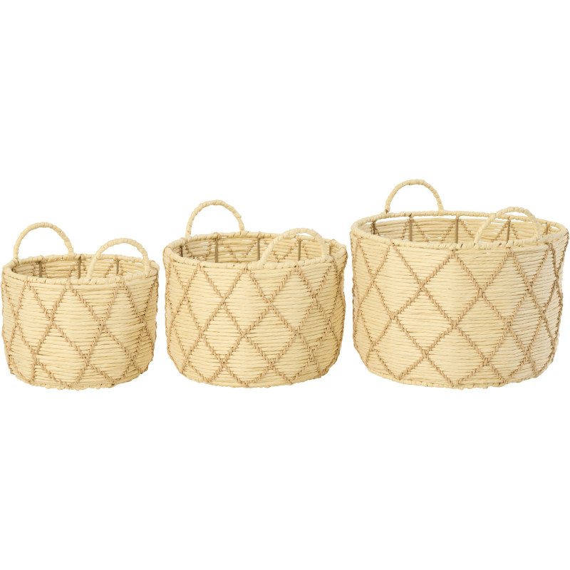 Lot de 3 Paniers de rangement ethnique chic Papier Naturel Beige Tressé Métal Lianéa 