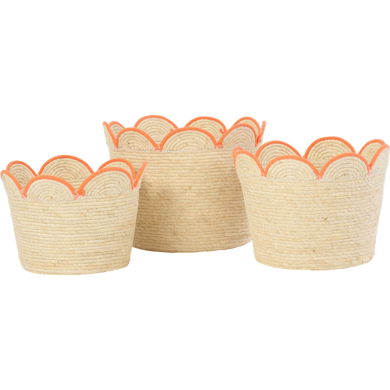 Lot de 3 Paniers de rangement déco bohème Fleur Feuille de maïs Naturel Orange Hélioda 