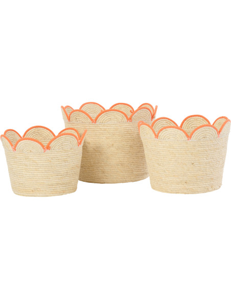 Lot de 3 Paniers de rangement déco bohème Fleur Feuille de maïs Naturel Orange Hélioda 