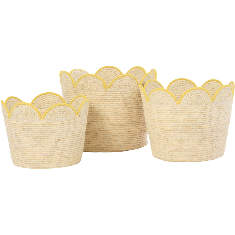 Lot de 3 Paniers de rangement déco bohème Fleur Feuille de maïs Naturel Jaune Hélioda 