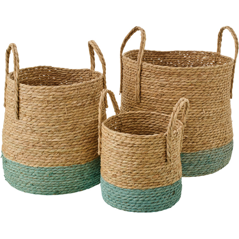 Lot de 3 Paniers de rangement bord de mer Jonc de mer Naturel Turquoise Tressé Nautilio 
