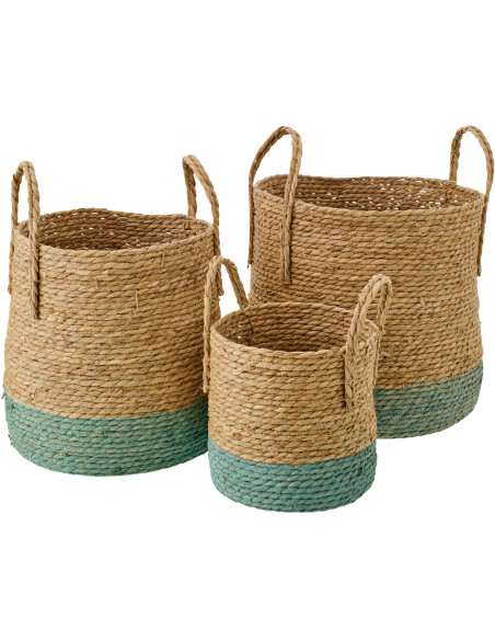 Lot de 3 Paniers de rangement bord de mer Jonc de mer Naturel Turquoise Tressé Nautilio 