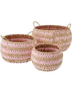 Lot de 3 Paniers de rangement bohème Jonc de mer Rose clair Naturel Tressé Tissania 