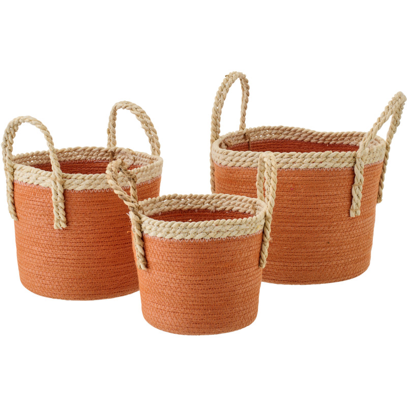 Lot de 3 Paniers de rangement bohème chic Papier Maïs Orange foncé Naturel Tressé Soladda 