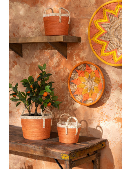 Lot de 3 Paniers de rangement bohème chic Papier Maïs Orange foncé Naturel Tressé Soladda 