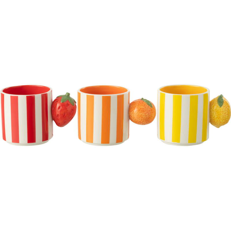 Lot de 3 Mugs design Fruits Dolomite Rouge Orange Jaune Blanc Motif rayures Fruixio 