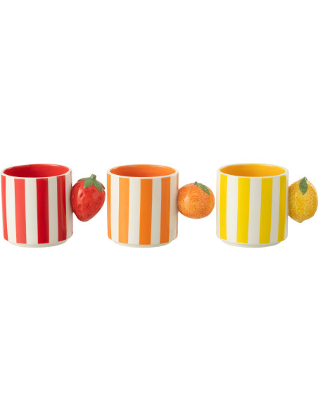 Lot de 3 Mugs design Fruits Dolomite Rouge Orange Jaune Blanc Motif rayures Fruixio 