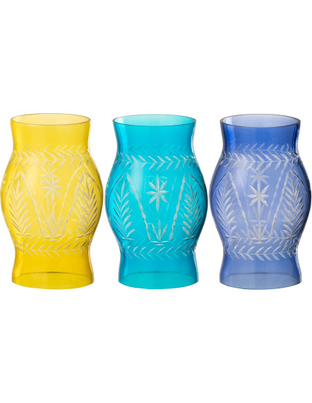Lot de 3 Grands Photophores style méditerrannée Cylindrique H 15 cm Verre Jaune Turquoise Bleu Tarifa 