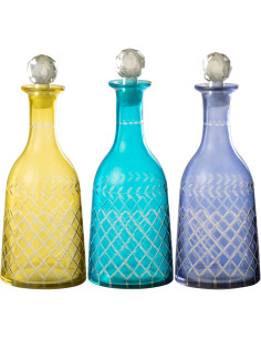 Lot de 3 Grandes Bouteilles déco style méditerrannée H 30 cm Verre Jaune Turquoise Bleu Tarifa 