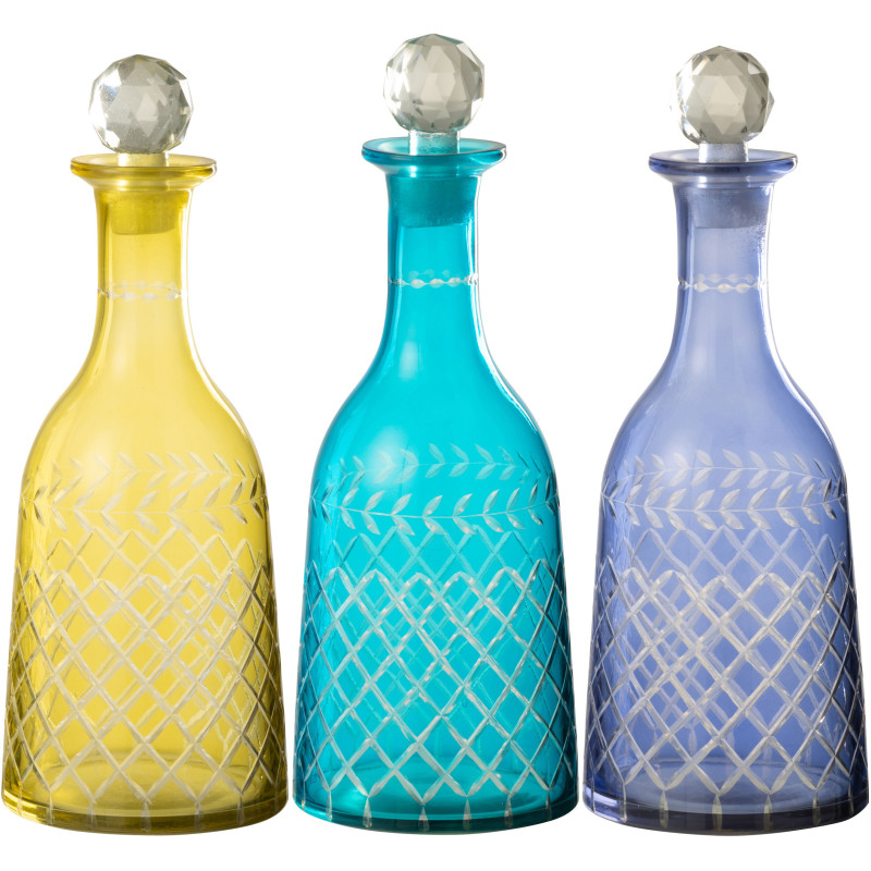 Lot de 3 Grandes Bouteilles déco style méditerrannée H 30 cm Verre Jaune Turquoise Bleu Tarifa 