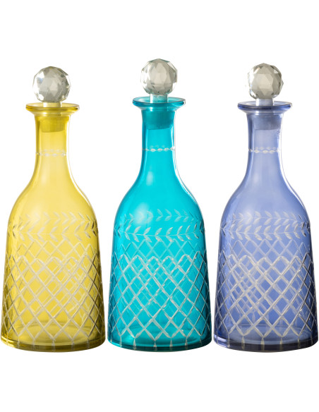 Lot de 3 Grandes Bouteilles déco style méditerrannée H 30 cm Verre Jaune Turquoise Bleu Tarifa 