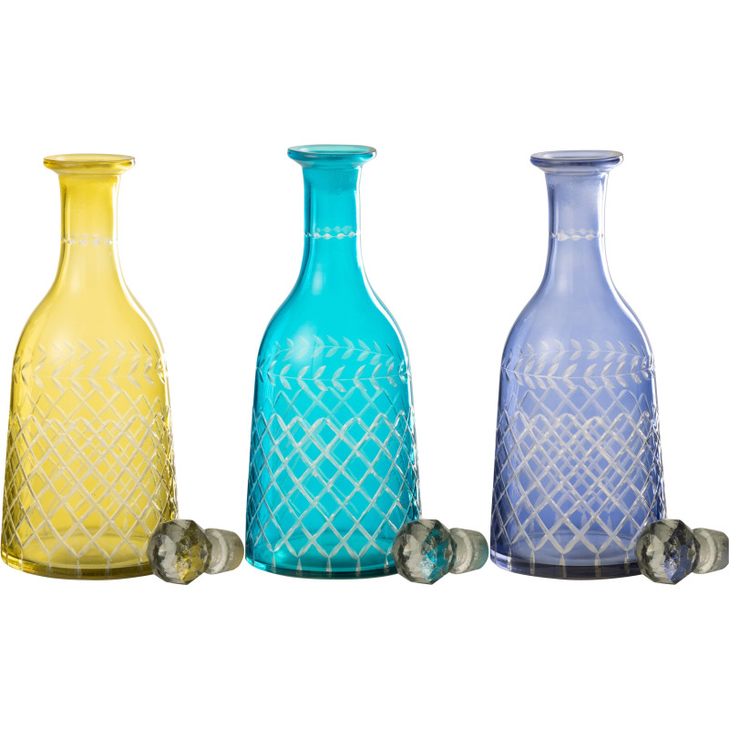Lot de 3 Grandes Bouteilles déco style méditerrannée H 30 cm Verre Jaune Turquoise Bleu Tarifa 