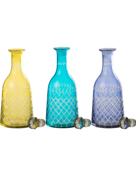 Lot de 3 Grandes Bouteilles déco style méditerrannée H 30 cm Verre Jaune Turquoise Bleu Tarifa 