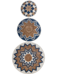 Lot de 3 Décorations murales bohème Branche de bananier Naturel Bleu foncé Tressé Soléaro 