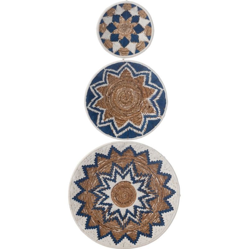 Lot de 3 Décorations murales bohème Branche de bananier Naturel Bleu foncé Tressé Soléaro 