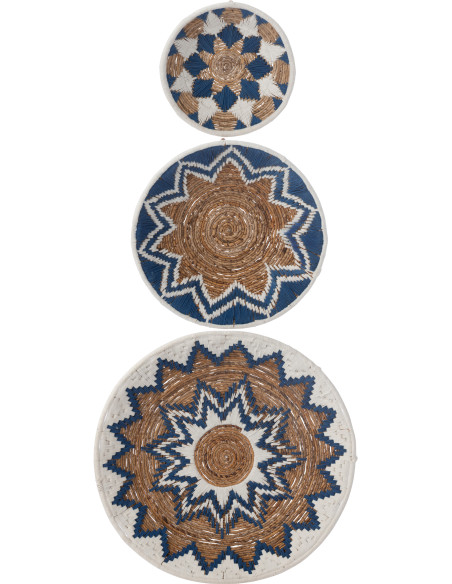 Lot de 3 Décorations murales bohème Branche de bananier Naturel Bleu foncé Tressé Soléaro 