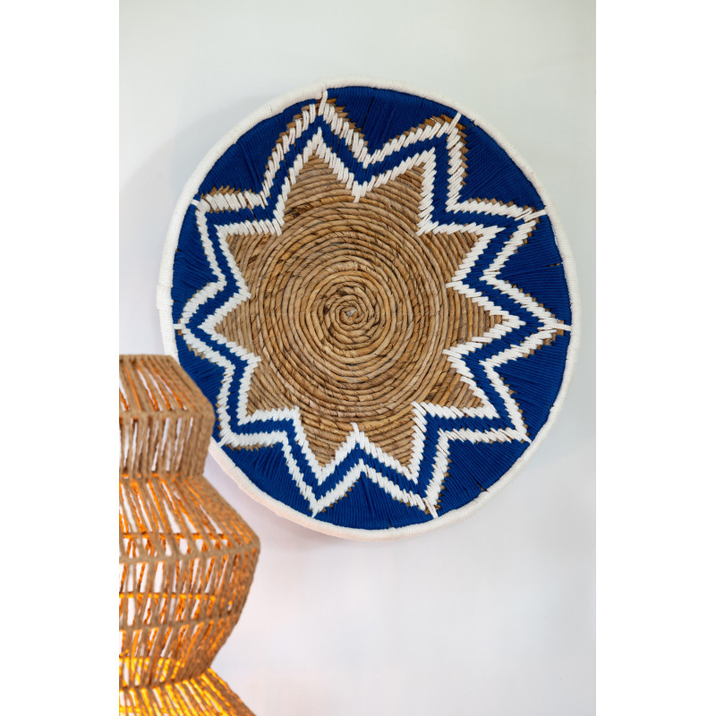 Lot de 3 Décorations murales bohème Branche de bananier Naturel Bleu foncé Tressé Soléaro 