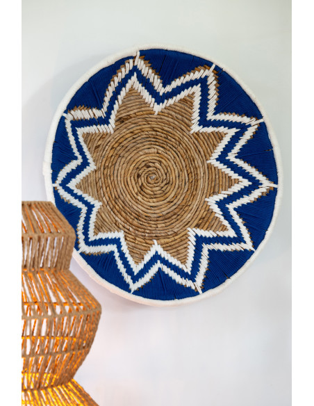 Lot de 3 Décorations murales bohème Branche de bananier Naturel Bleu foncé Tressé Soléaro 