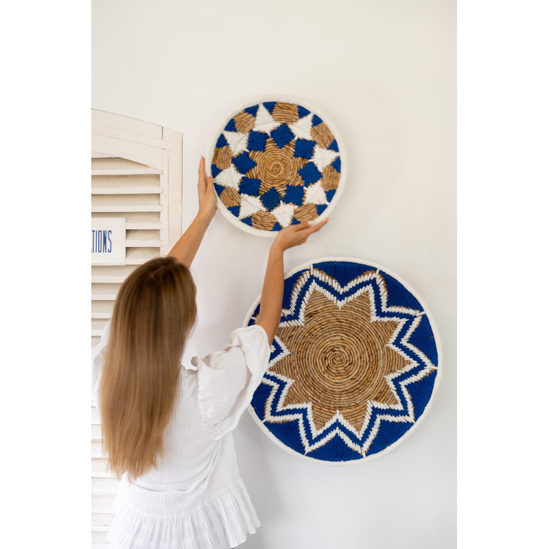 Lot de 3 Décorations murales bohème Branche de bananier Naturel Bleu foncé Tressé Soléaro 