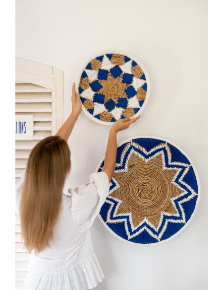 Lot de 3 Décorations murales bohème Branche de bananier Naturel Bleu foncé Tressé Soléaro 