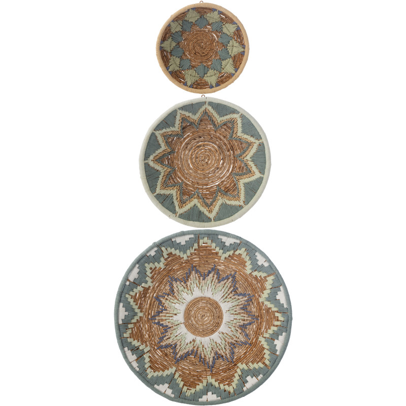 Lot de 3 Décorations murales bohème Branche de bananier Naturel Bleu clair Tressé Soléaro 