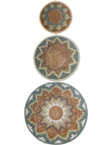 Lot de 3 Décorations murales bohème Branche de bananier Naturel Bleu clair Tressé Soléaro 