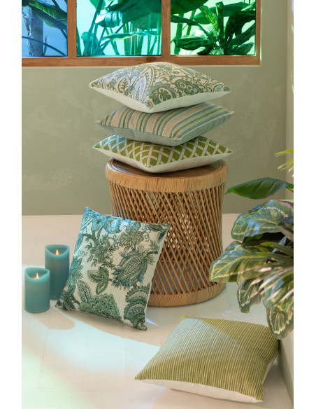 Lot de 3 Coussin cottage chic Carré 45x45 Tissu Vert Blanc cassé Verdelyne 
