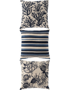 Lot de 3 Coussin bord de mer chic Carré 45x45 Tissu Blanc cassé Bleu foncé Calmarea 