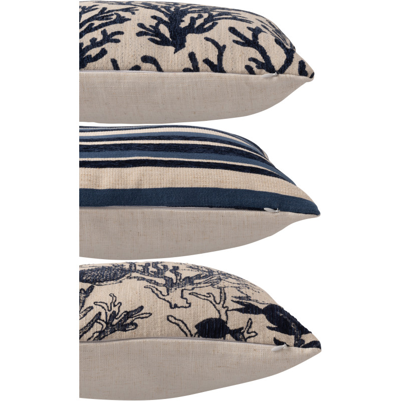 Lot de 3 Coussin bord de mer chic Carré 45x45 Tissu Blanc cassé Bleu foncé Calmarea 