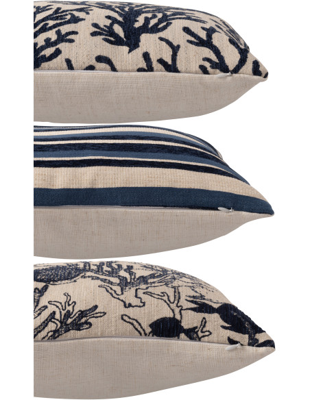 Lot de 3 Coussin bord de mer chic Carré 45x45 Tissu Blanc cassé Bleu foncé Calmarea 