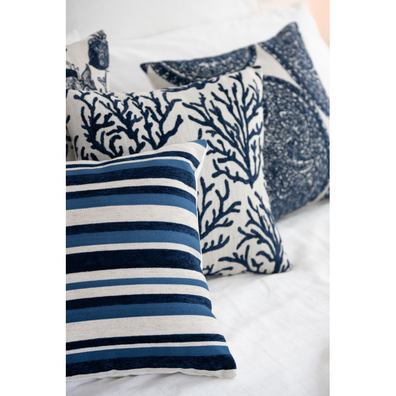 Lot de 3 Coussin bord de mer chic Carré 45x45 Tissu Blanc cassé Bleu foncé Calmarea 