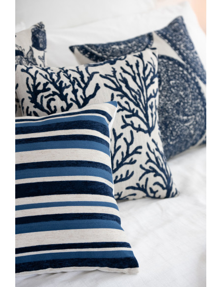 Lot de 3 Coussin bord de mer chic Carré 45x45 Tissu Blanc cassé Bleu foncé Calmarea 