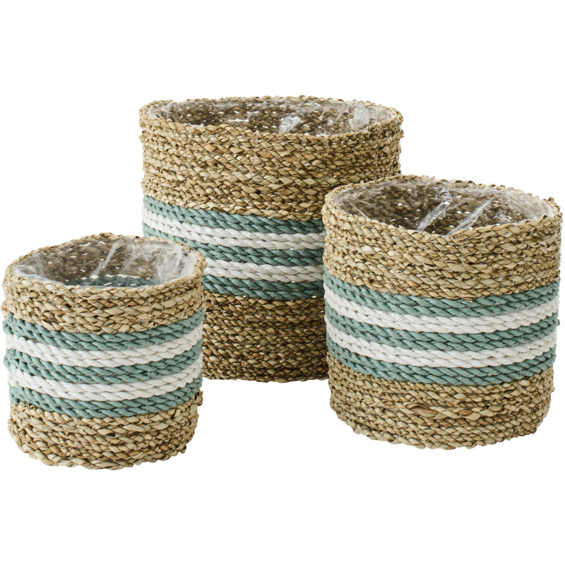 Lot de 3 Cache-pot style bord de mer Rond Jonc de mer Naturel Blanc Turquoise Tressé Rivélina 