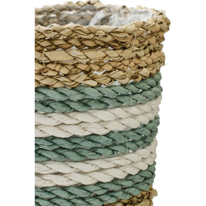 Lot de 3 Cache-pot style bord de mer Rond Jonc de mer Naturel Blanc Turquoise Tressé Rivélina 