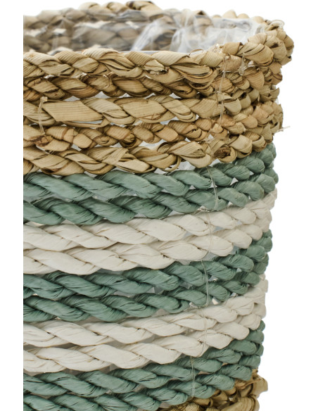 Lot de 3 Cache-pot style bord de mer Rond Jonc de mer Naturel Blanc Turquoise Tressé Rivélina 