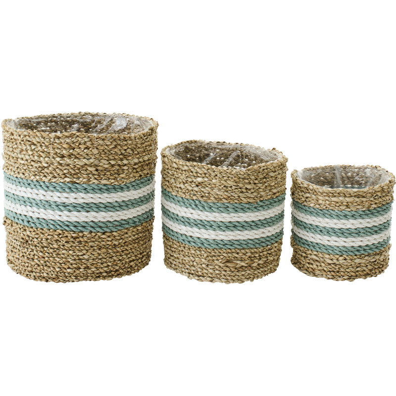 Lot de 3 Cache-pot style bord de mer Rond Jonc de mer Naturel Blanc Turquoise Tressé Rivélina 