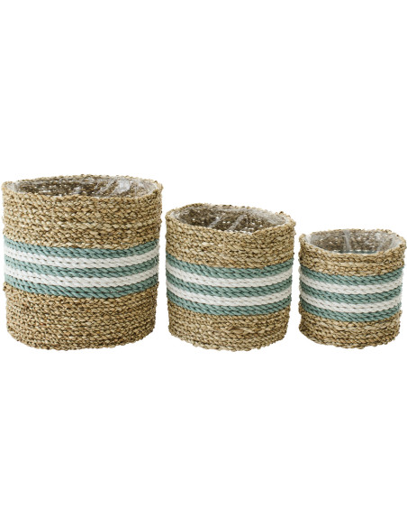 Lot de 3 Cache-pot style bord de mer Rond Jonc de mer Naturel Blanc Turquoise Tressé Rivélina 