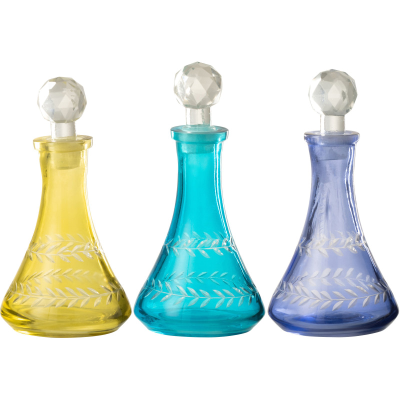 Lot de 3 Bouteilles déco style méditerrannée H 16 cm Verre Jaune Turquoise Bleu Tarifa 